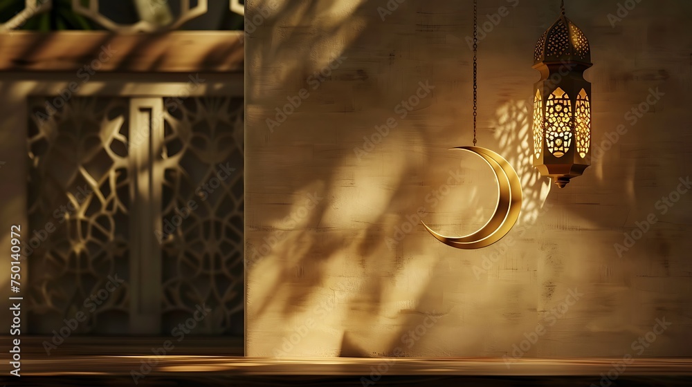 Ramadan Kareem greeting card with golden crescent islamic symbol and arabic calligraphy and lantern hanging. Generative Ai