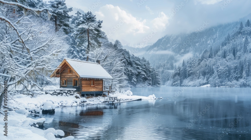 An idyllic winter setting unfolds in the photo, showcasing a picturesque lake surrounded by snow-capped mountains, with a small cabin radiating warmth and comfort.