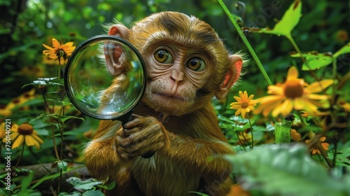 a close up of a monkey holding a magnifying glass in front of a bunch of wildflowers. © Sonya