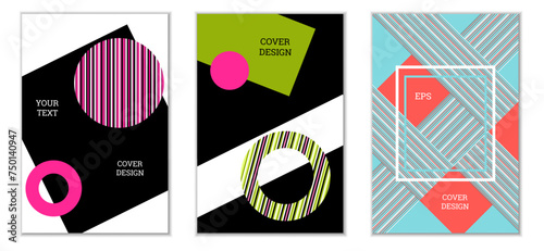 Geometric cover design, set of 3 covers. Abstract unusual background in Memphis style. Bright geometric shapes in random order