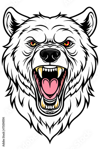 Black and white drawing of a grizzly bear head with open mouth and sharp teeth. The bear has erect ears and a menacing expression. The drawing is detailed and realistic.