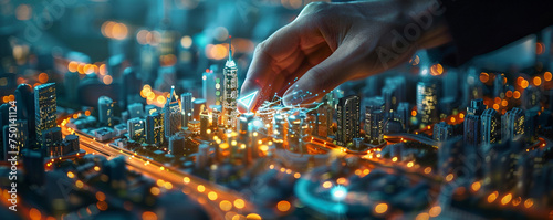 Corporate strategist holding smart city icons, spearheading the development of connected urban environments. Enhancing city living through the integration of technology for improved infrastructure  photo