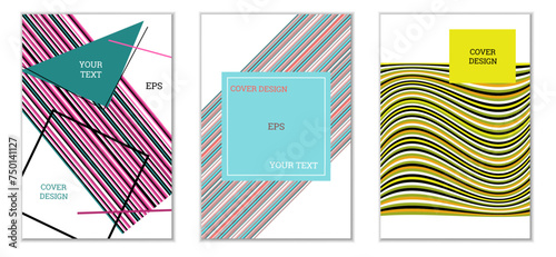 Geometric cover design, set of 3 covers. Abstract unusual background in Memphis style. Bright geometric shapes in random order