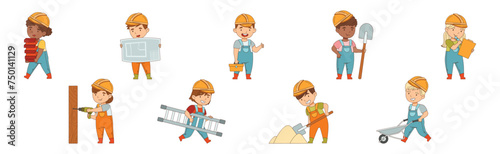 Kids Builder Character Wearing Uniform and Hardhat with Professional Tool Vector Set