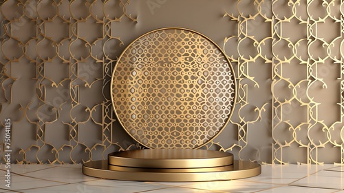 Ramadan Kareem or Eid Mubarak design podium round stage on islamic background with gold pattern on paper color background. Generative Ai