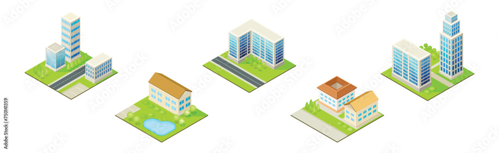 City Building and Urban Construction on Square Grass Vector Set