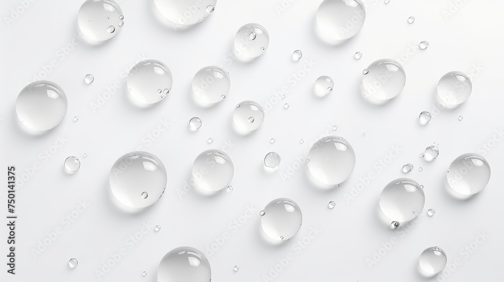 Top-down view showcases water droplets on a white background Top-down view showcases water droplets on a white background