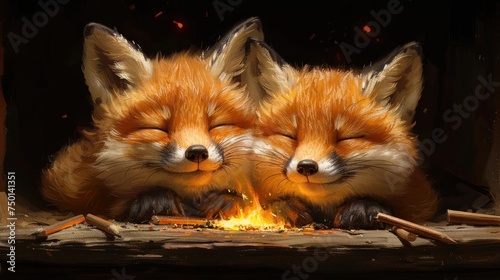 a couple of foxes laying next to each other on top of a pile of fire and a piece of wood.