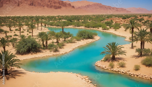 Palm trees and lush greenery contrast the surrounding golden sandy terrain under the radiant sunlight, creating a picturesque natural haven.