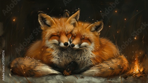 a painting of a red fox with its eyes closed and eyes closed sitting in front of a fire and grass background. © Sonya