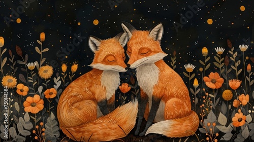 a painting of a couple of foxes sitting next to each other in a field of flowers with stars in the sky. © Sonya