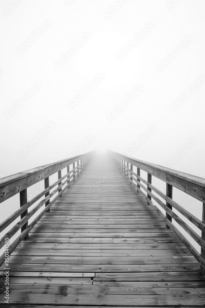Wooden boardwalk to nowhere. A misty path forward an empty wooden boardwalk disappears into the fog, a metaphor for uncertainty and exploration