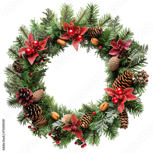 Christmas and New Year wreath with decorations isolated on white or transparent background