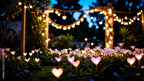 A serene garden under the soft glow of the moon, adorned with heart-shaped fairy lights, blooming flowers in vibrant hues