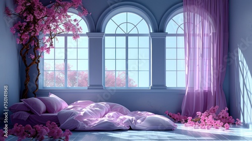 a room with a large window, a bed, and a pink flowered tree in the corner of the room. photo