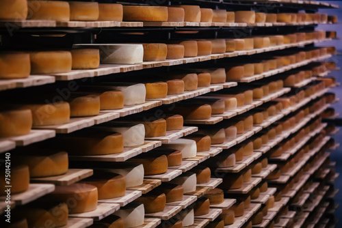 Shelves with wheels of cheese at cheese warehouse, selective focus