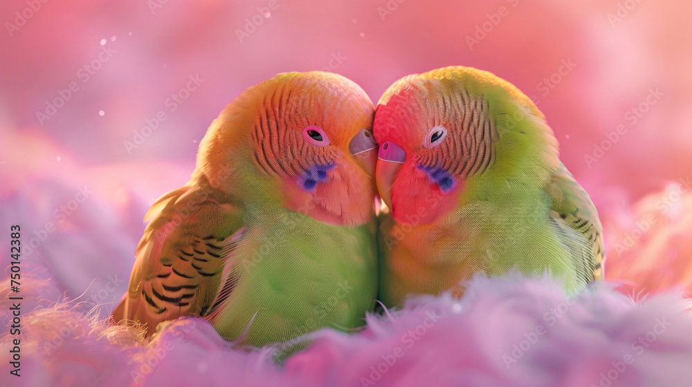 A devoted pair of lovebirds sitting close together on a soft lavender surface.