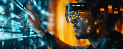Visionary leader guiding augmented reality symbols, fostering a seamless integration of AR technology into business strategies. Enhancing customer experiences and driving innovation in product