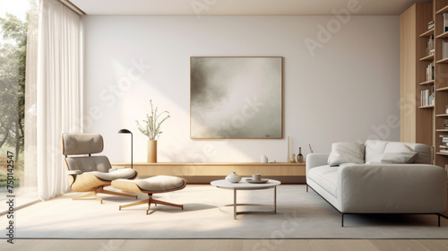 A modern living room with a minimalist decor and a neutral palette, including a grey armchair and a white coffee table