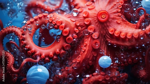 Vibrant details of octopus tentacles with suckers submerged in vivid red liquid are showcased in a mesmerizing macro shot, capturing intricate textures and patterns.