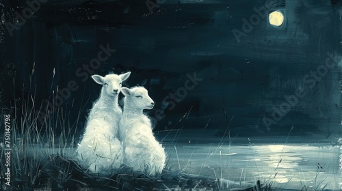 a painting of a couple of sheep sitting next to each other in front of a body of water at night. photo