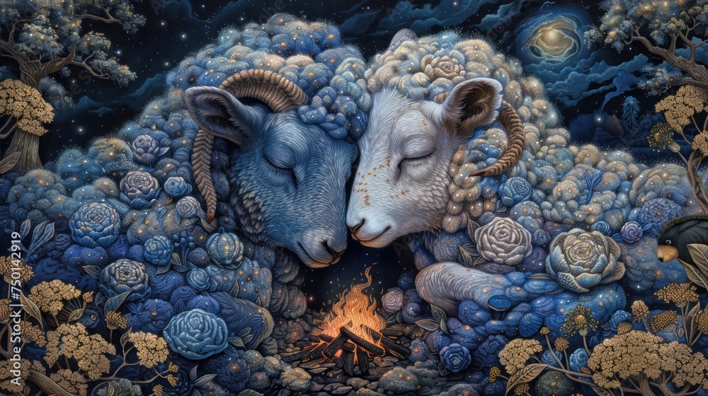 a painting of two rams sleeping next to a campfire in a field of blue flowers and cacti.