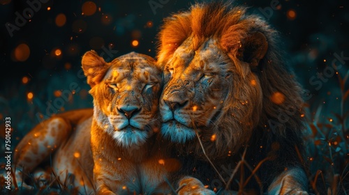 a couple of lions laying next to each other on top of a lush green field with yellow and orange lights. photo