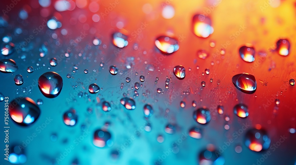 Water droplets cling to glass against a colored background, creating an intriguing visual effect.