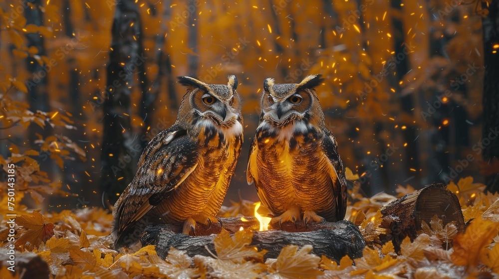 Obraz premium two owls sitting next to each other on top of a pile of leaves in front of a forest filled with yellow and orange leaves.