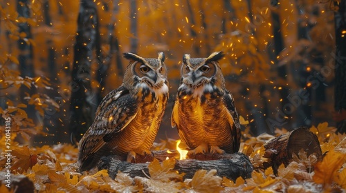 two owls sitting next to each other on top of a pile of leaves in front of a forest filled with yellow and orange leaves.