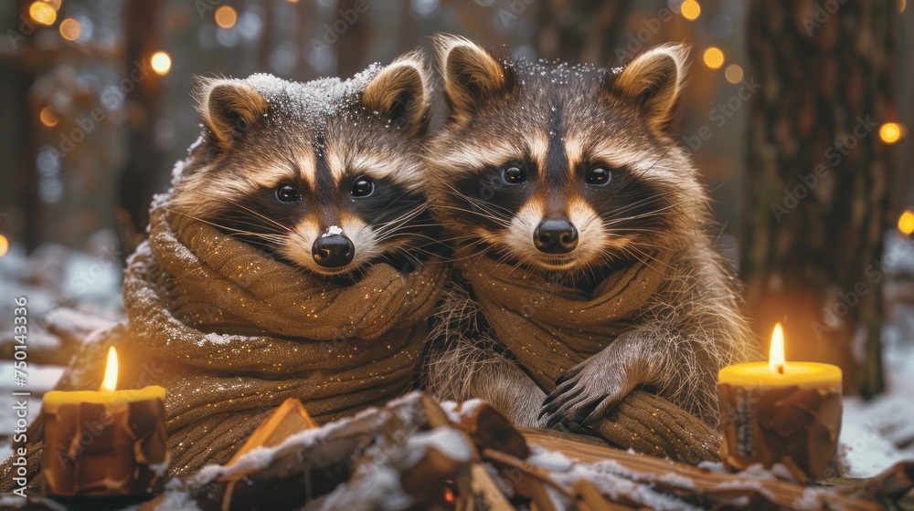 Obraz premium a couple of raccoons sitting next to each other on top of a pile of snow next to a lit candle.