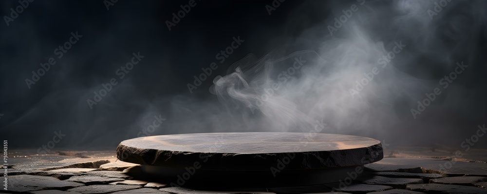 Smoke billows on sleek stone platform in dimly lit space setting blurred backgroundcopy space solid background. Concept Abstract Photography, Smoke Effect, Sleek Stone Platform, Dimly Lit Setting