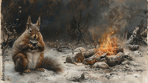 a painting of a squirrel sitting in front of a campfire with his hands on his chest and eyes closed.