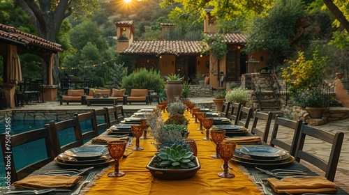 a long table is set with a yellow tablecloth and place settings for a formal dinner with a pool in the background. photo