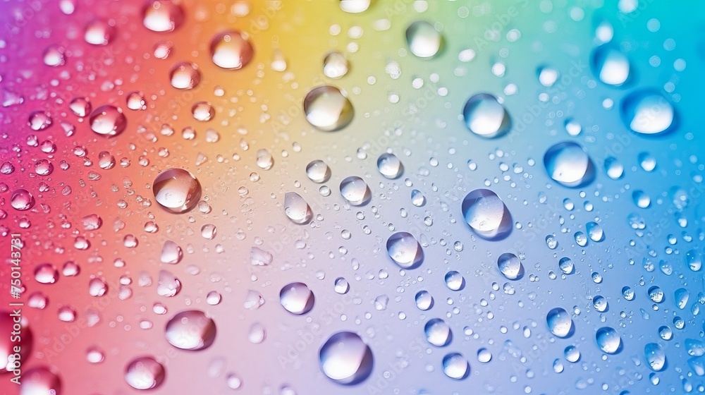 Water drops cover a gradient background, creating a close-up view of condensation.
