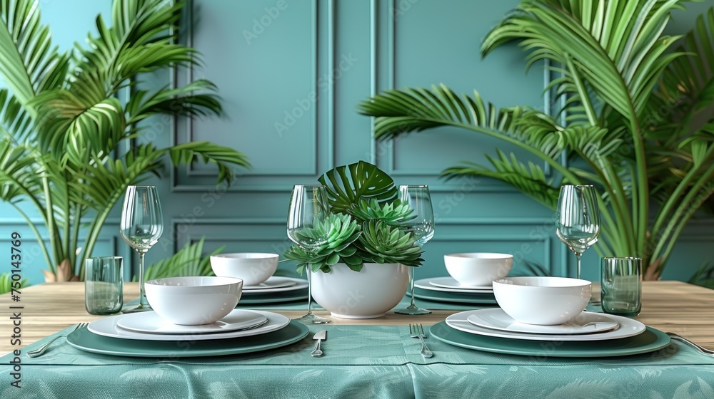 a table set with plates, cups, and saucers with a green plant in the middle of the table. a table set with plates, cups, and saucers with a green plant in the middle of the table.