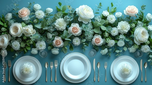 a table set for a formal dinner with white plates and silverware, flowers and greenery on a blue background. photo