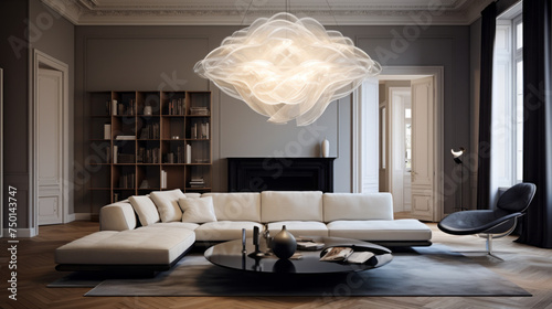 A modern living room featuring a dramatic statement lighting fixture