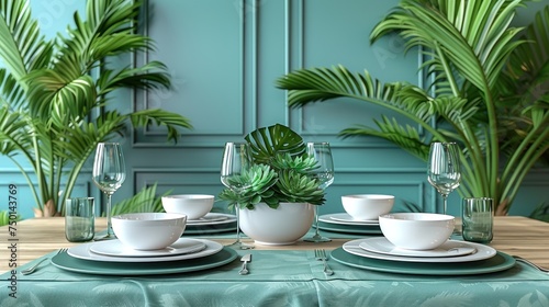 a table set with plates, cups, and saucers with a green plant in the middle of the table.