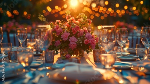 a close up of a table with a vase of flowers on top of a table with plates and silverware. photo