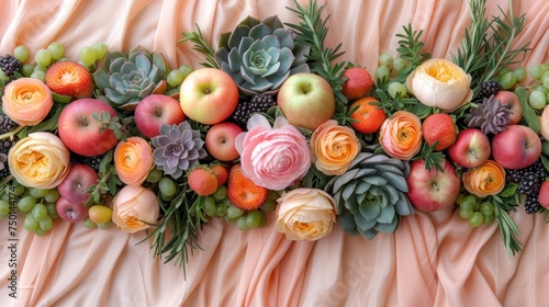 an arrangement of flowers, apples, succulents, and succulents on a pink background. photo