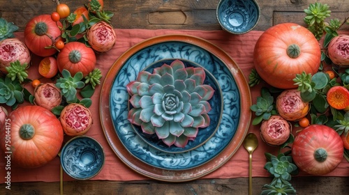 a blue and orange plate with a succulent plant on top of it next to other plates and bowls. photo