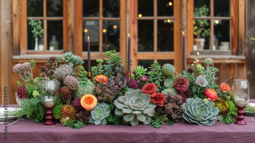 a table topped with a purple table cloth covered in lots of succulents and other plants next to a window.