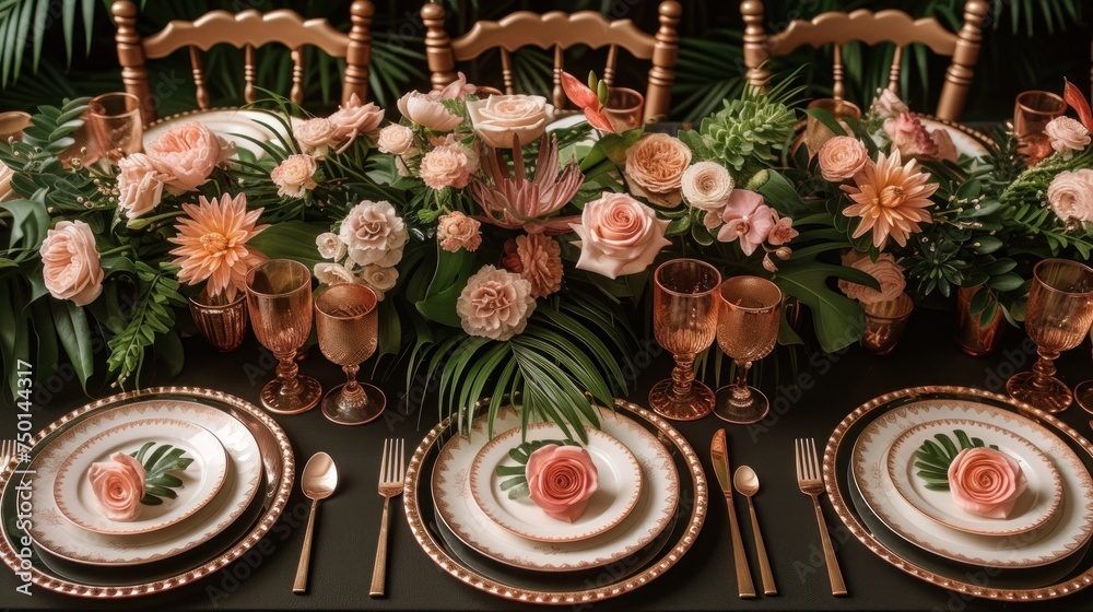 a table set for a formal dinner with pink flowers and greenery on top of the plates and place settings.