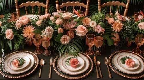 a table set for a formal dinner with pink flowers and greenery on top of the plates and place settings. photo