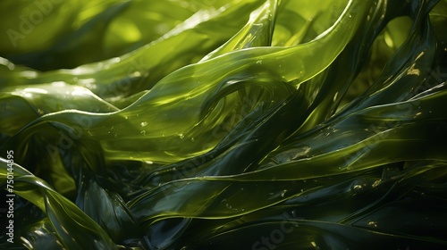 Wet seaweed kelp texture is depicted in extreme close-up, forming a mesmerizing macro shot against a textured background. photo