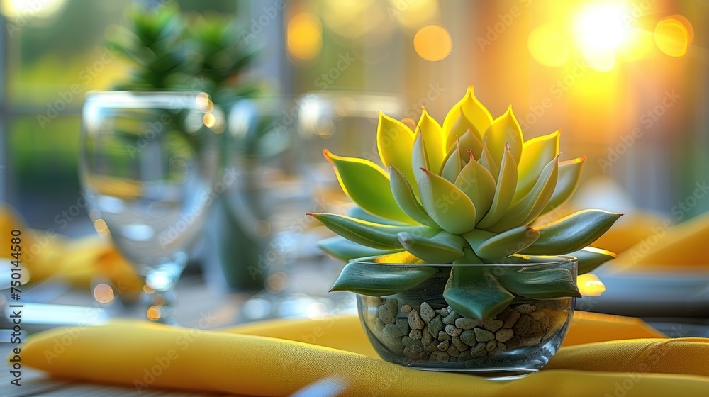 a potted plant sitting on top of a wooden table next to a glass vase filled with water and rocks.
