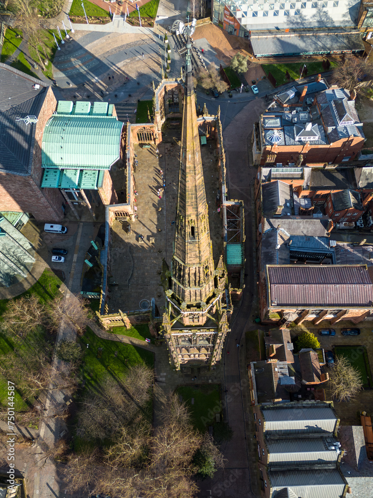 Aerial view of medieval cathedral under renovation