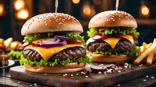 delicious juicy burger on a table in a rustic style	 photo