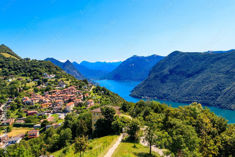Scenic view of lake Lugano from Monte Bre mountain in Ticino canton, Switzerland